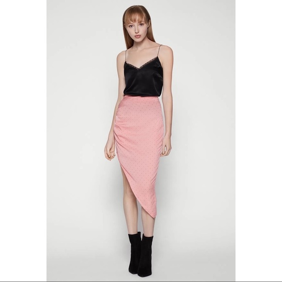 BCBGeneration Watermelon Pink Polka Dot Ruched Slip Asymmetric Skirt TQI3264454 - Picture 3 of 12